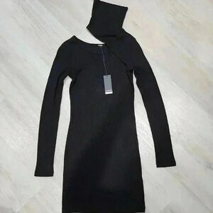 NWT Monrow Women's Neck Slit Long Sleeve Ribbed Knit Mini Dress Black Small